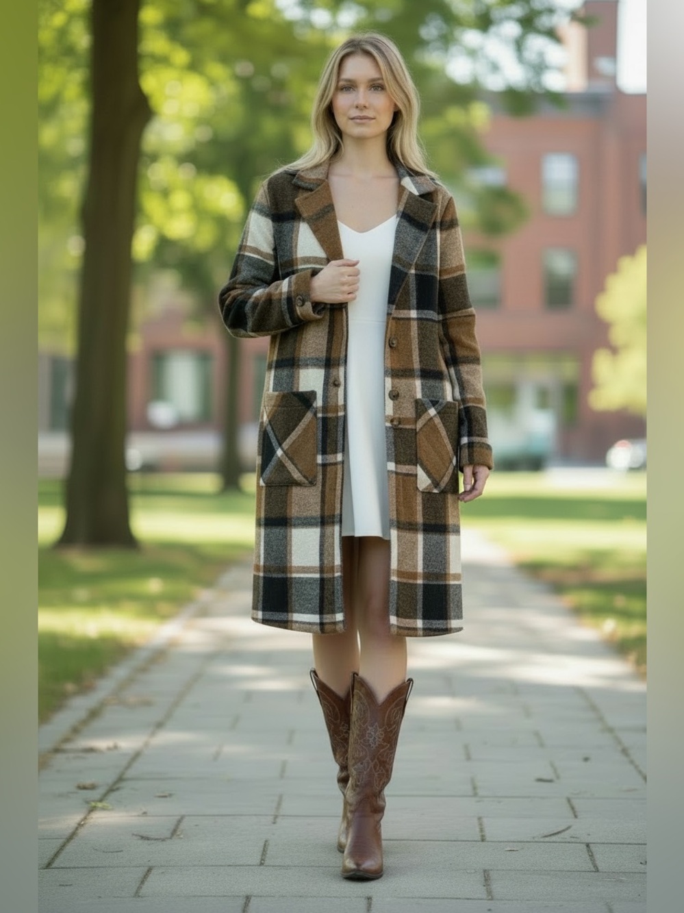 Plaid Longline Coatigan in Brown & Cream